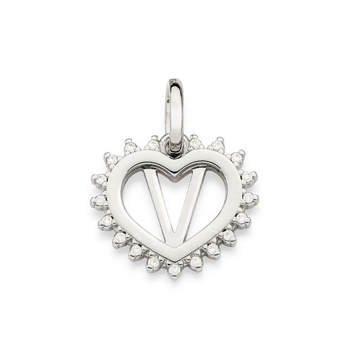 PLATINUM STUDDED HEART LETTER PENDANT -LETTER V