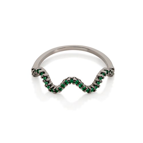 BLACK RHODIUM WAVE SKINNY RING IN GREEN