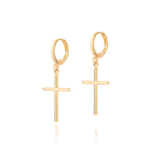 GOLD MEDIUM CROSS HUGGIE EARRINGS