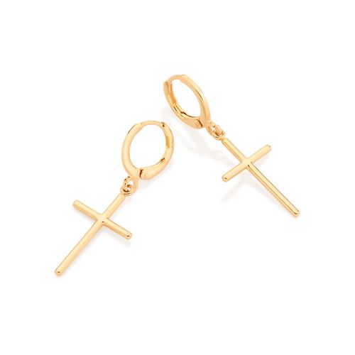 GOLD MEDIUM CROSS HUGGIE EARRINGS