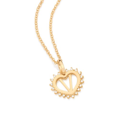 GOLD STUDDED HEART LETTER PENDANT -LETTER V