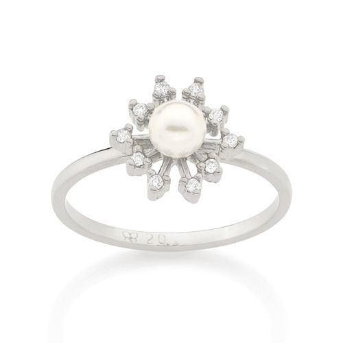 RHODIUM PLATED RING WITH PEARL AND ZIRCONIA