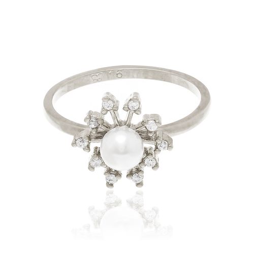 RHODIUM PLATED RING WITH PEARL AND ZIRCONIA