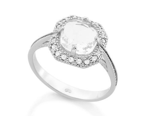 RHODIUM PLATED RING WITH CRYSTAL AND ZIRCONIA