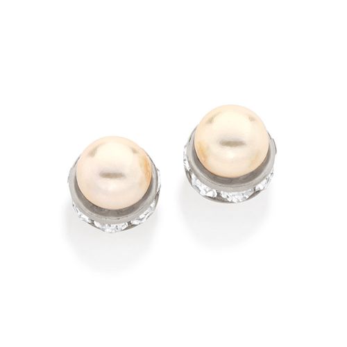 RHODIUM PLATED EARRING WITH PEARL AND CRYSTAL