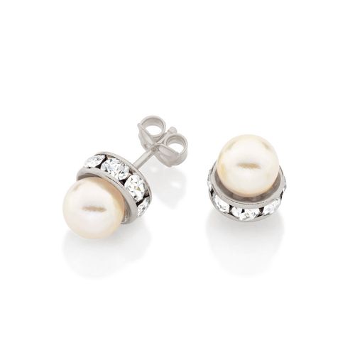 RHODIUM PLATED EARRING WITH PEARL AND CRYSTAL