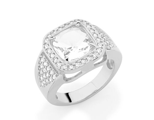 RHODIUM PLATED RING WITH CRYSTAL AND ZIRCONIA