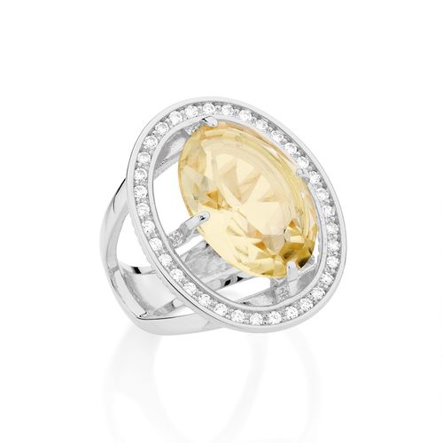 RHODIUM PLATED RING WITH CRYSTAL AND ZIRCONIA
