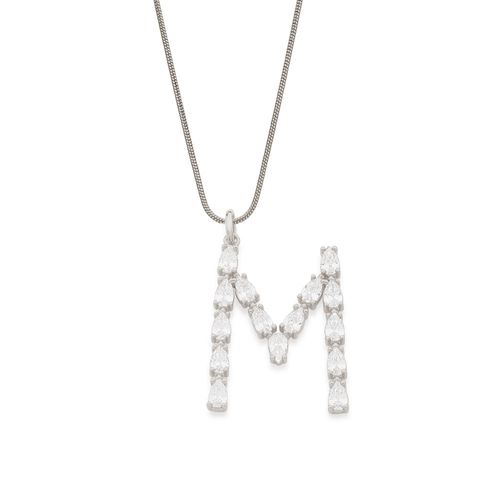 RHODIUM PLATED PENDANT WITH ZIRCONIA-LETTER M