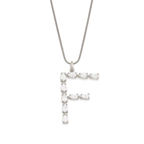 RHODIUM PLATED PENDANT WITH ZIRCONIA-LETTER F