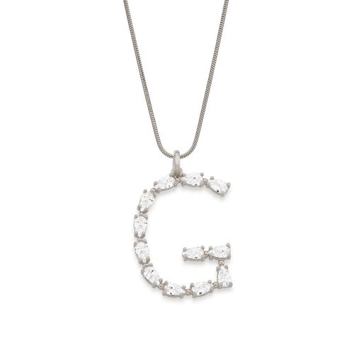 RHODIUM PLATED PENDANT WITH ZIRCONIA-LETTER G