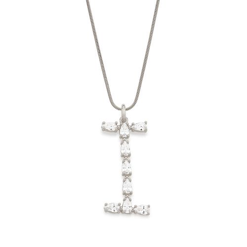 RHODIUM PLATED PENDANT WITH ZIRCONIA-LETTER I