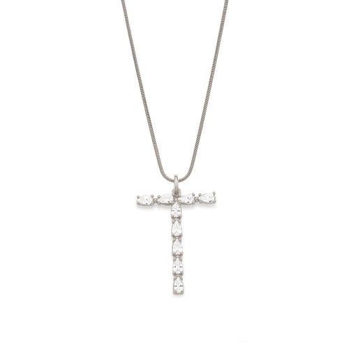 RHODIUM PLATED PENDANT WITH ZIRCONIA-LETTER T