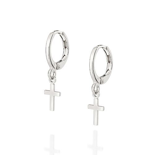 PLATINUM SMALL CROSS HUGGIE EARRINGS