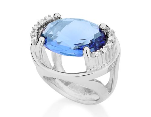 RHODIUM PLATED RING WITH CRYSTAL AND ZIRCONIA