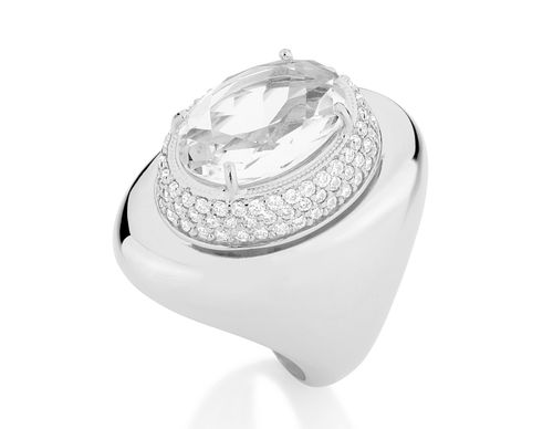 RHODIUM PLATED RING WITH CRYSTAL AND ZIRCONIA