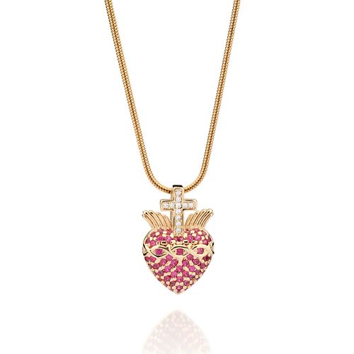 GOLD CROSS AND SACRED HEART PENDANT