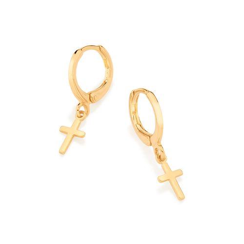 GOLD SMALL CROSS HUGGIE EARRINGS