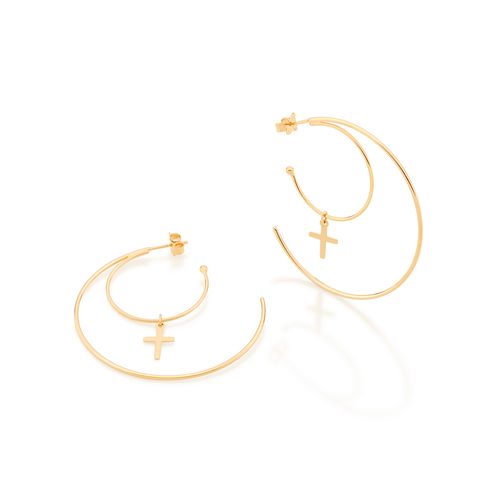 GOLD DOUBLE CROSS HOOPS EARRING