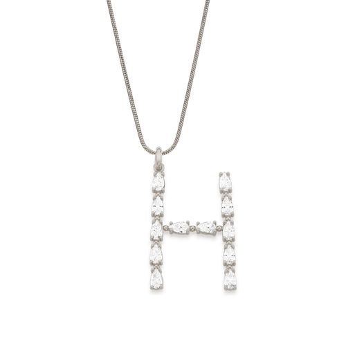 RHODIUM PLATED PENDANT WITH ZIRCONIA-LETTER H