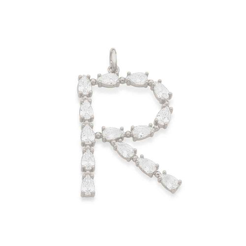 RHODIUM PLATED PENDANT WITH ZIRCONIA-LETTER R