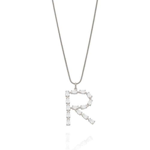 RHODIUM PLATED PENDANT WITH ZIRCONIA-LETTER R