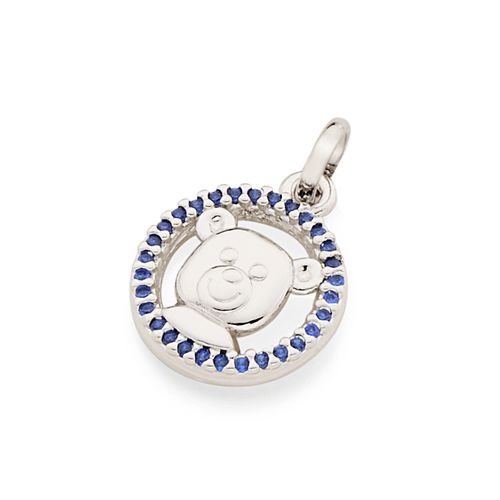 RHODIUM TEDDY BEAR FACE PENDANT IN BLUE